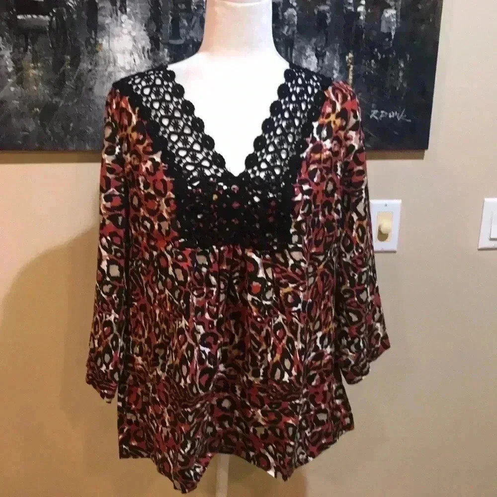 Vintage Trenz by Theresa Renz, 100% Linen Boho Animal Print Tunic Style Top-XL